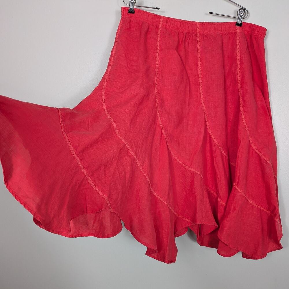 Linen Midi Skirt XL Coral Pink Ruffle Lace Boho A-Line Elastic Pull On Fairy Y2K - Picture 4 of 9